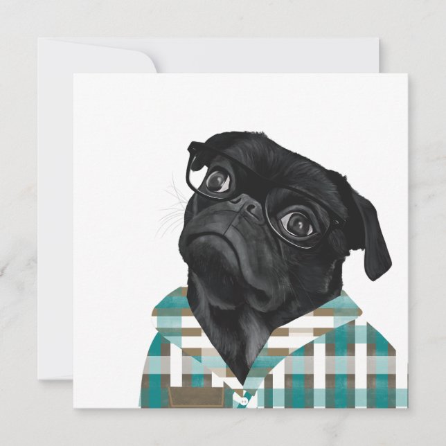 Pug Negra Adorable Con Gafas Y Camisa (Anverso)