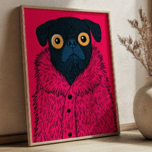 Pug Negro Divertido en Pelo Rosa Arte de Moda Anim