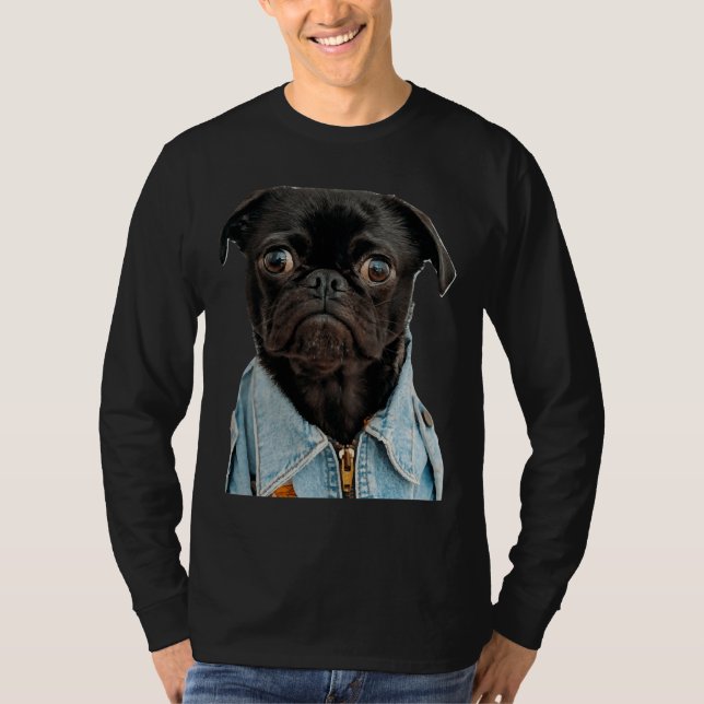 Pug negro en jeans Pegatina camiseta clásica 181 (Anverso)