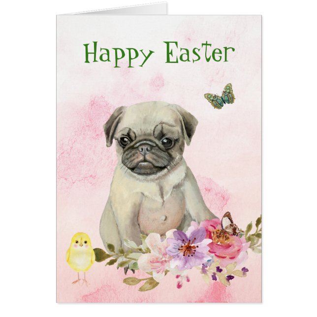 Pug Puppy y Chick Easter Card (Frente)