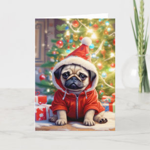 Pug Santa debajo del árbol de Navidad