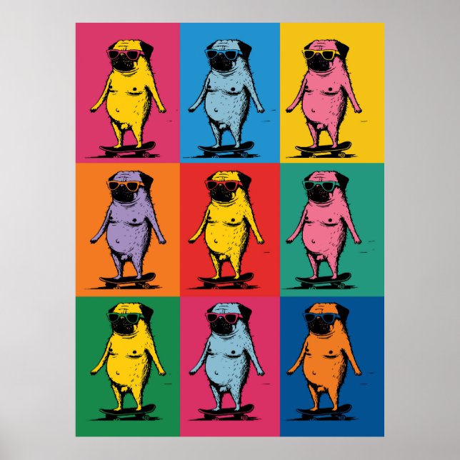 Pugs Divertidos en Monopatines Cuadrícula de Arte  (Frente)
