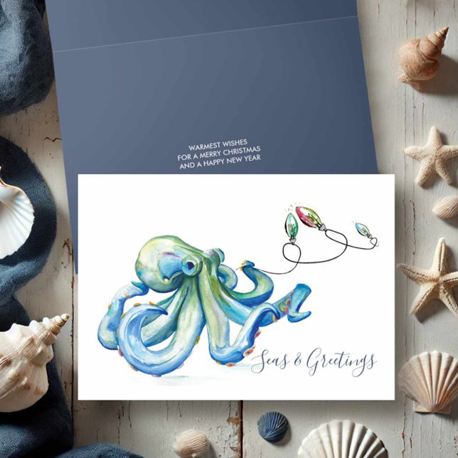 Pulpo Azul Acuarela Navidad de Playa (Beach Christmas cards watercolor blue octopus and holiday lights by Victoria Grigaliunas)