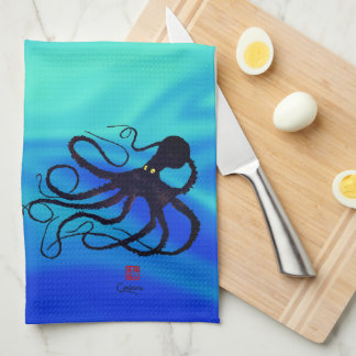 Pulpo de Sybille sobre verde azul - toalla de coci