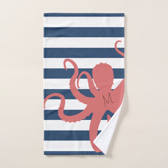 Pulpo rojo playa moderna playa blanca con rayas az (Toalla de mano)