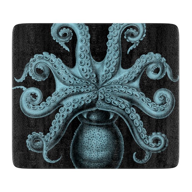 Pulpo verde azulado en tabla de cortar (Anverso)