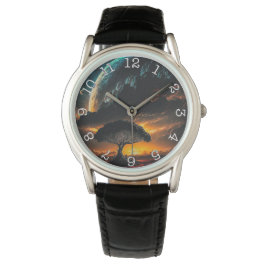 Pulsera Árbol de planeta- reloj de cuero negro protector d
