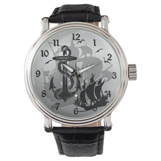 Pulsera Barco pirata y reloj negro de silueta de anclaje 2 (Anverso)