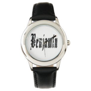 Pulsera Benjamin, nombre, logotipo, reloj de cuero negro