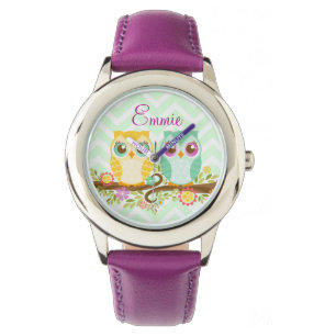 Pulsera Búhos anaranjados y verde azulados - reloj de