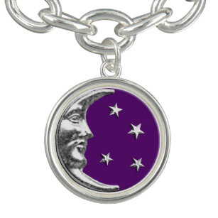Pulsera Con Dije Luna y Estrellas Art Deco - Ametist Purple & Silve