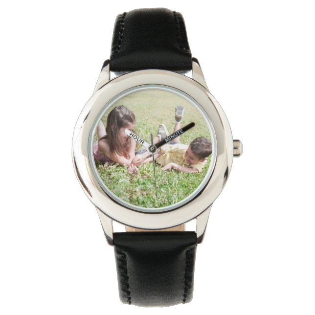 Pulsera Crear su propio reloj de cuero negro Personalizado (Anverso)