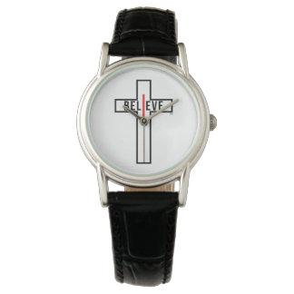 Pulsera Creo que cruz, reloj de correa negra para mujeres.