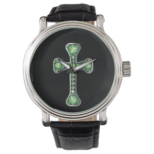 Pulsera Cruz cristiana del "Peridot" en el reloj de plata