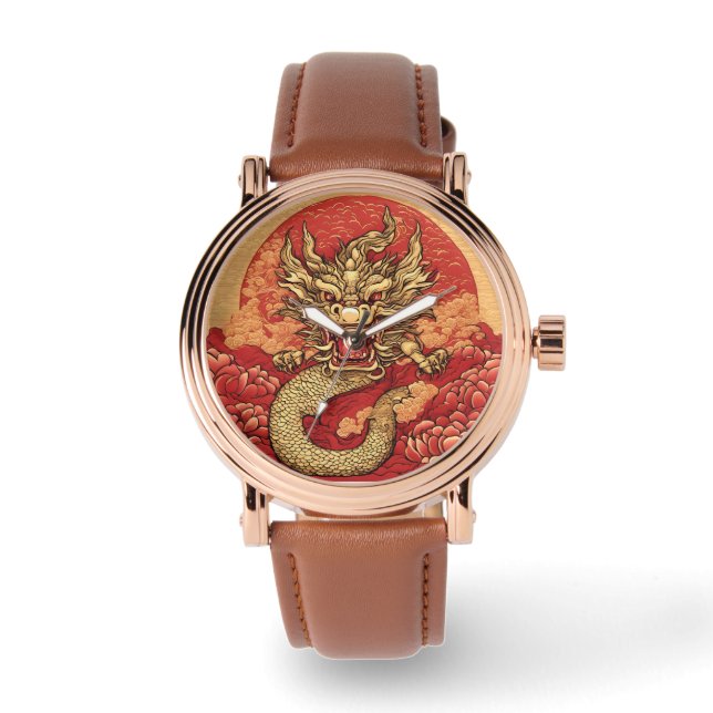Pulsera Dragon chino Rosa reloj de oro (Anverso)