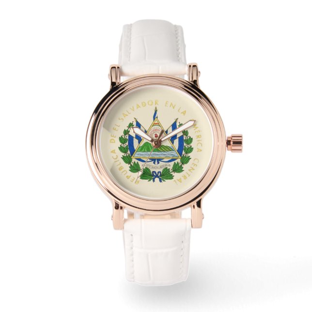 Pulsera El Salvador reloj de cuero blanco Rosa de oro (Anverso)