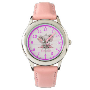 Pulsera Elefante bebé con reloj de niños de corazón rosado