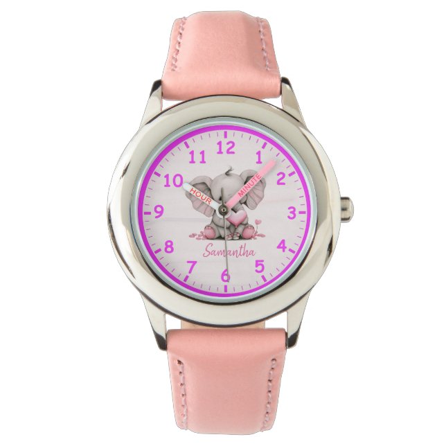 Pulsera Elefante bebé con reloj de niños de corazón rosado (Anverso)