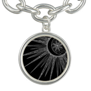 Pulsera Elegante luna de sol plateado Mandala Diseño negro