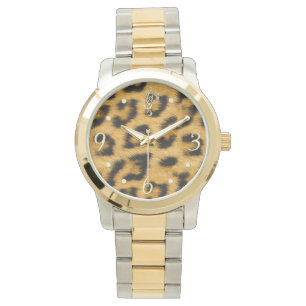 Pulsera Elegante Piel de Leopardo con el reloj de oro - Ve
