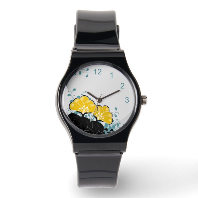 Pulsera Elegante reloj de camellias doradas con números (Anverso)