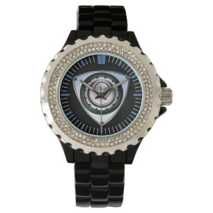 Pulsera Esmalte negro, diamante de imitación, reloj del