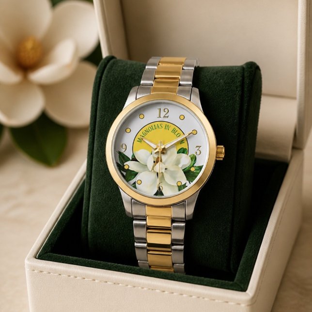 Pulsera Flor de Magnolia | Elegante reloj de dos tonos par (Subido por el creador)