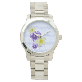 Pulsera Flores moradas y amarillas hoja de la música reloj