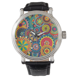 Pulsera Flores ráfagas de cuero ventilado reloj negro