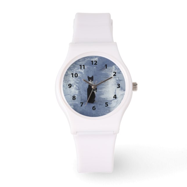 Pulsera Gatito negro y blanco en reloj de nieve (Anverso)