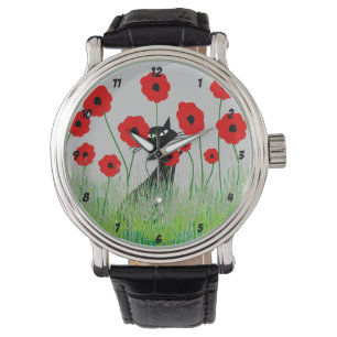 Pulsera Gato negro y reloj de las amapolas