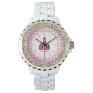 Pulsera Guinga y reloj rosado del profesor de la escuela