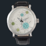 Pulsera Icónico reloj de cuero atómico con estallidos atóm<br><div class="desc">Este patrón icónico de reloj de cuero de los Starbursts Atómicos presenta estallidos atómicos icónicos. ¡Así es! La vieja escuela, el fondo color crema con especkles dorados es el escenario perfecto para el turquesa vibrante, el apetitoso apio y los círculos kitschy de color verde peral. Las manchas de color se...</div>