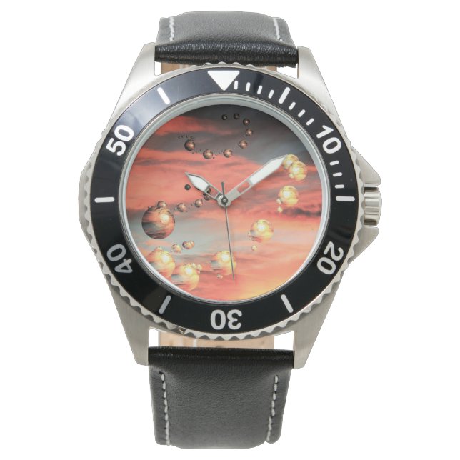 Pulsera Los planetas abundan en el reloj de cuero negro (Anverso)