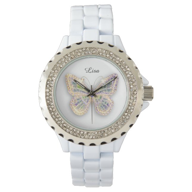 Pulsera Mariposa de cristal - Reloj de silicio blanco depo (Anverso)
