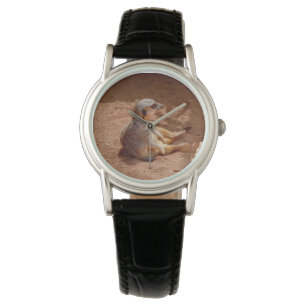 Pulsera Meerkat Lazy Days, Señoras Reloj de Cuero Negro.