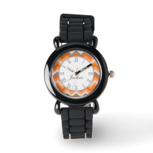 Pulsera Naranja de Chevron y reloj gris del nombre de la