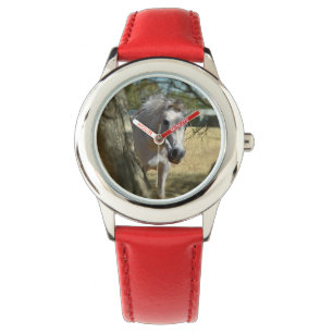 Pulsera Nieve blanca el caballo, niños reloj de cuero rojo