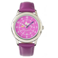 Niños chicas rosa tres mariposas y reloj de nombre