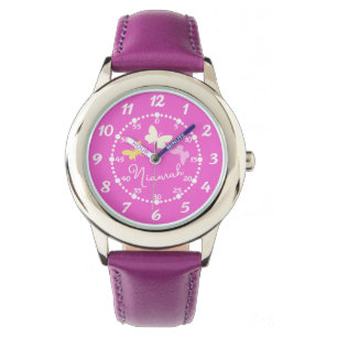 Pulsera Niños chicas rosa tres mariposas y reloj de nombre