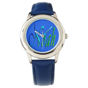 Pulsera Noah, nombre, logotipo, reloj de cuero azul de los