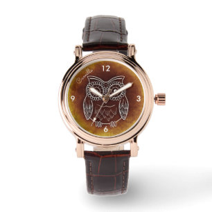 Pulsera Nombre ambarino del reloj del búho de Brown