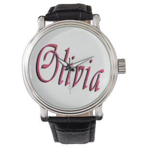 Pulsera Olivia, Nombre, Logo, Gran Reloj de Cuero Negro.