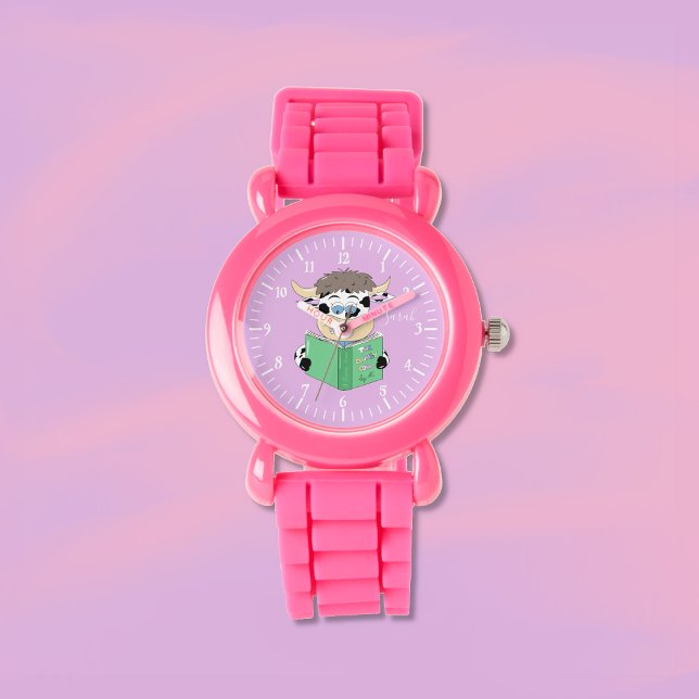 Pulsera Personalizado lindo leyendo Chica de vaca reloj ro (Fun reading cow girl pink watch .)