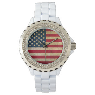 Pulsera Reloj blanco del esmalte de la bandera americana