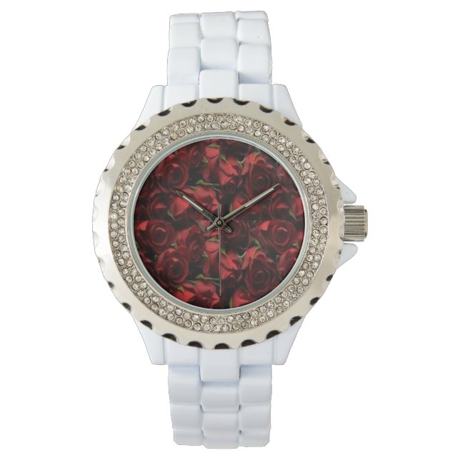 Pulsera Reloj blanco floral de rosas rojas (Anverso)