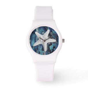 Pulsera Reloj blanco rústico azul de las estrellas de mar