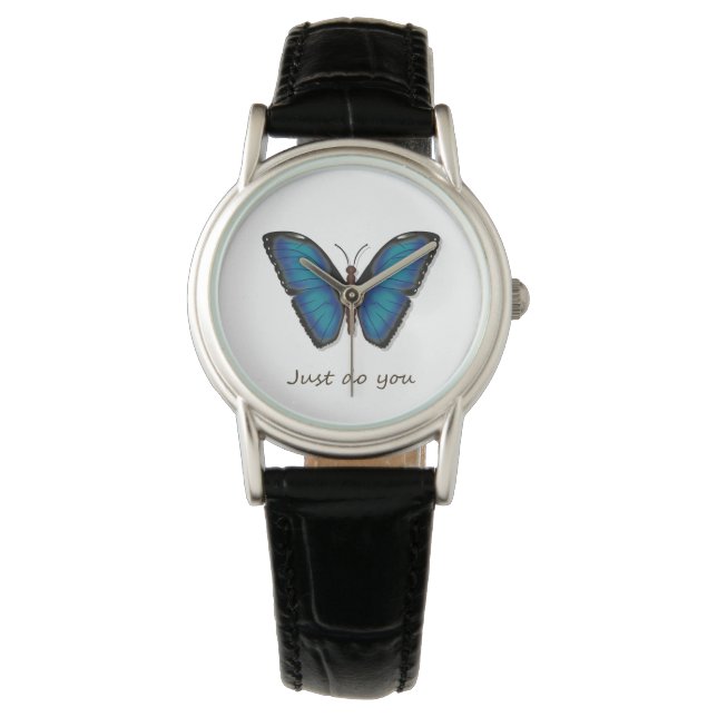 Pulsera Reloj clásico de cuero con mariposa azul (Anverso)