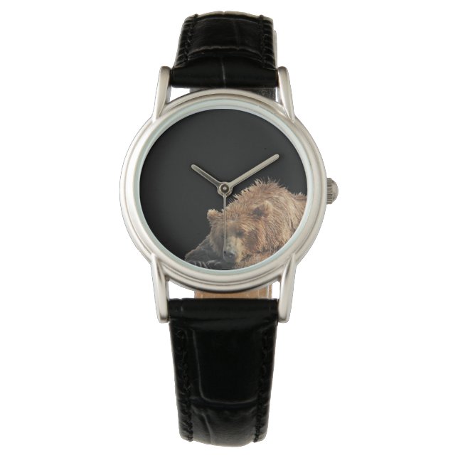 Pulsera reloj clásico de cuero negro con oso pardo (Anverso)