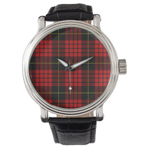 Pulsera Reloj con correa de cuero negro vintage tartán roj